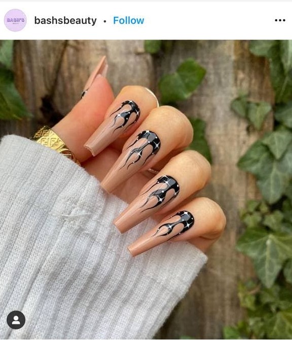 Black and Beige Flames Nail Design