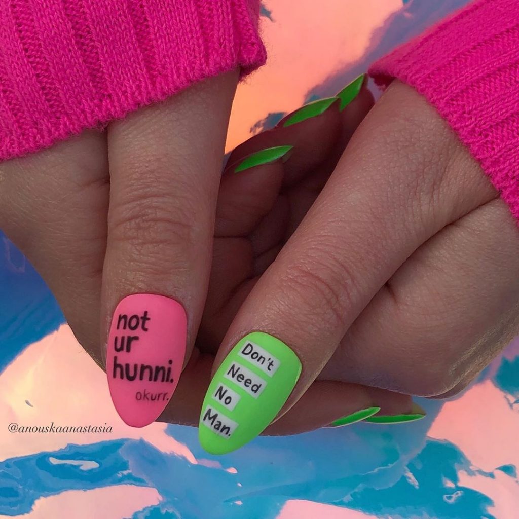 Pink and Green Nails with Letters