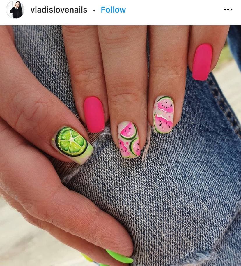 Pink and Green Nails for Summer with Fruit Design