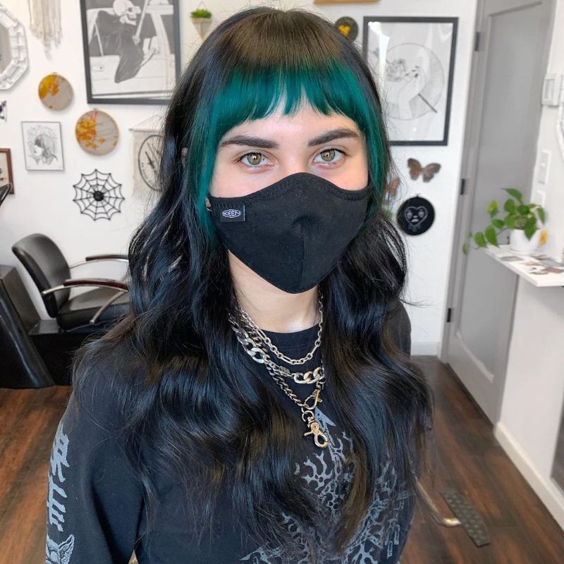 black hair green bangs