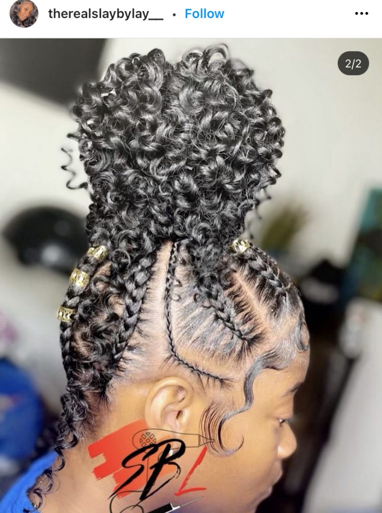 High Curly Bun Updo with Stitch Braids and Cornrows