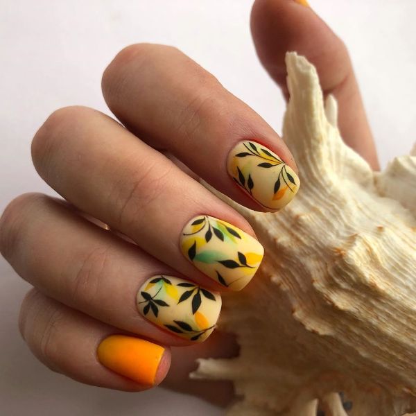 Orange Nails with Leaves and Flowers