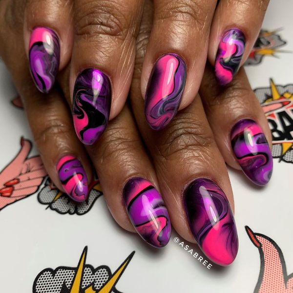 Dark Purple Violet Nails Water Marble