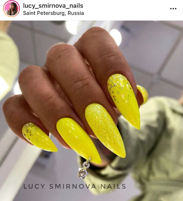 Yellow Nails Art with Piercing