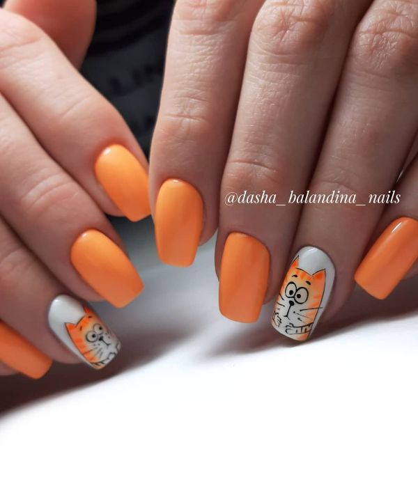 Orange Nail Art with Red Cats