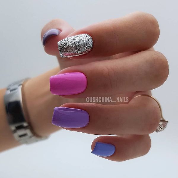 Purple Nail Art with Silver Accents