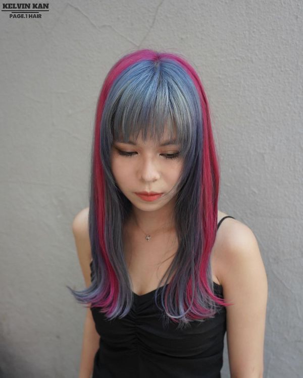 Asian Hairstyle in Pink and Blue Shades