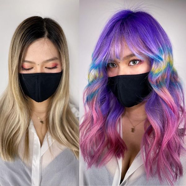 Blue and Pink Hairstyle with Bangs