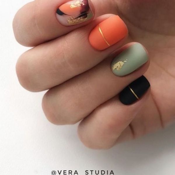 Green and Orange Nail Design with Matte Finish