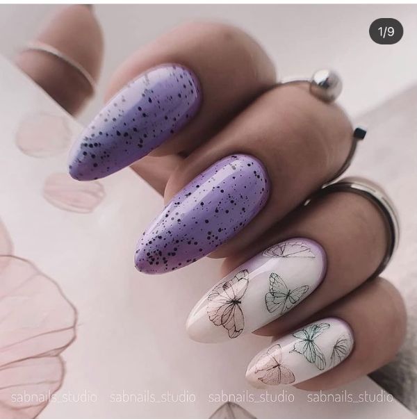 Purple Nails with Butterfly Design