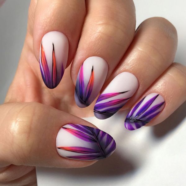 Summer Purple Nail Design with Palm Leaves