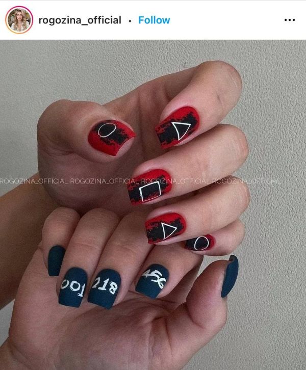 short red and blue squid game nails