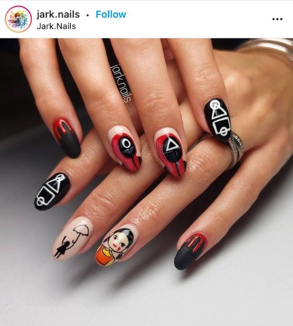 squid game nails with a doll