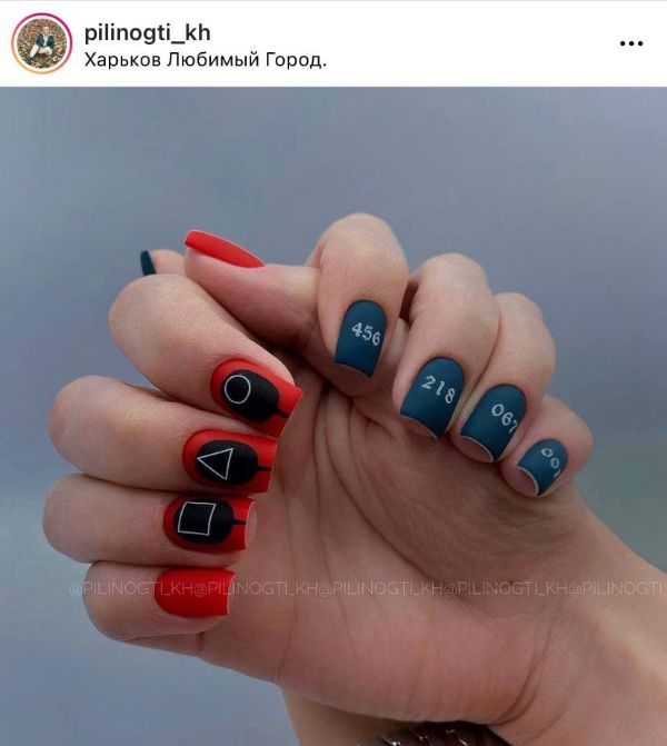 red and blue squid game nails