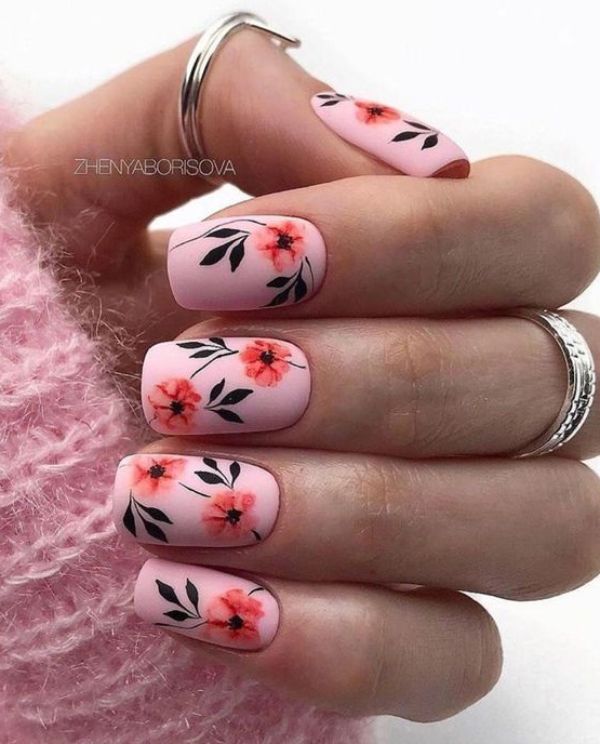 pink nails with flowers