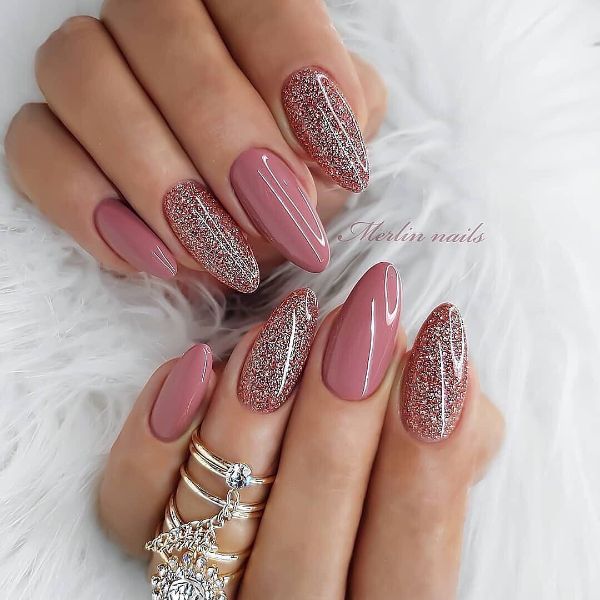 oval pink nails with glitter