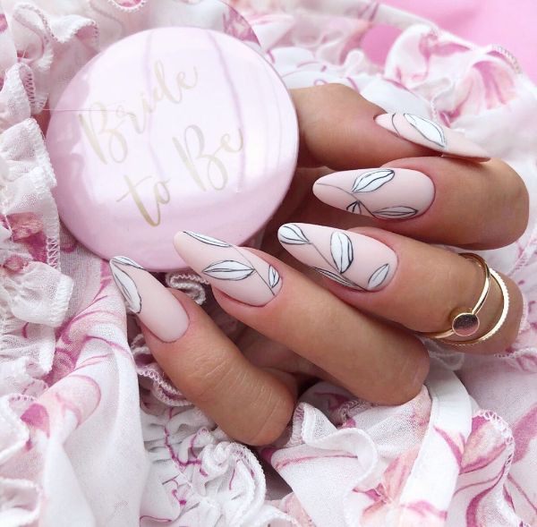 spring pink nail design with leaves