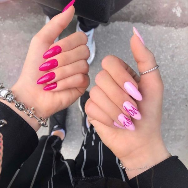 pink nails with flame design