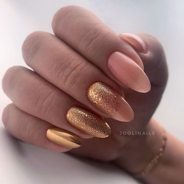warm strawberry pink nails with gold