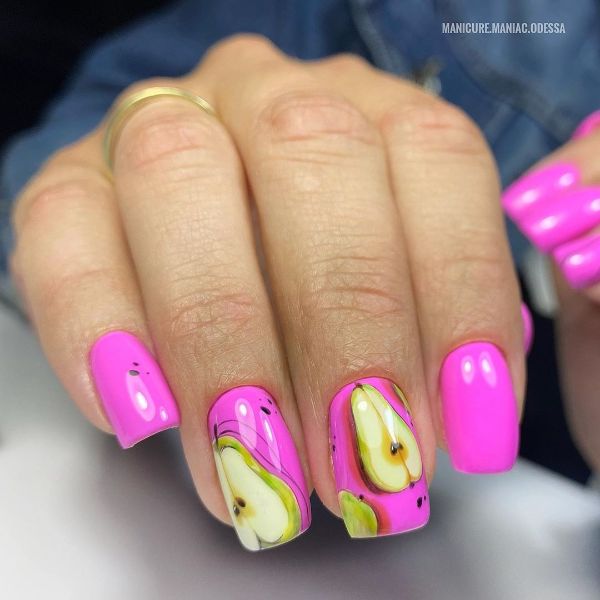 electric pink nails with pears design