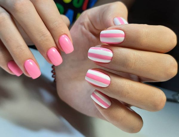 pink stripes on white nails