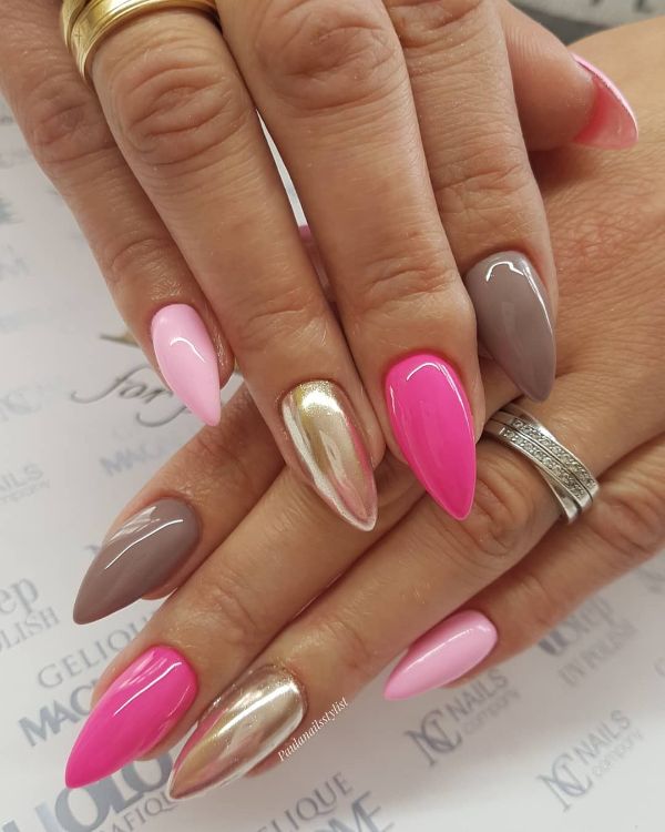 pink nails with gold, and brown nail color