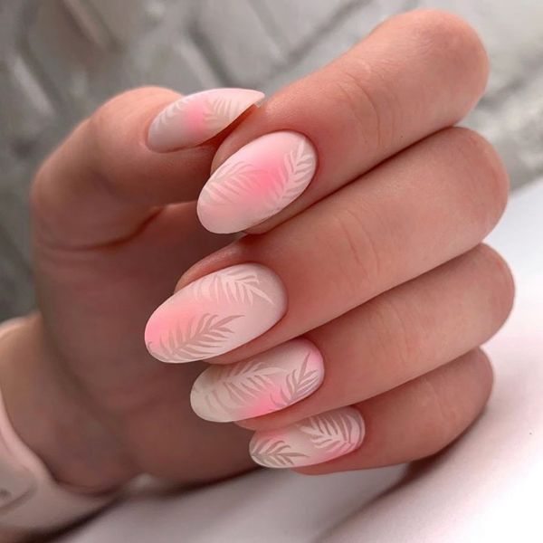 pink matte nails with leaves