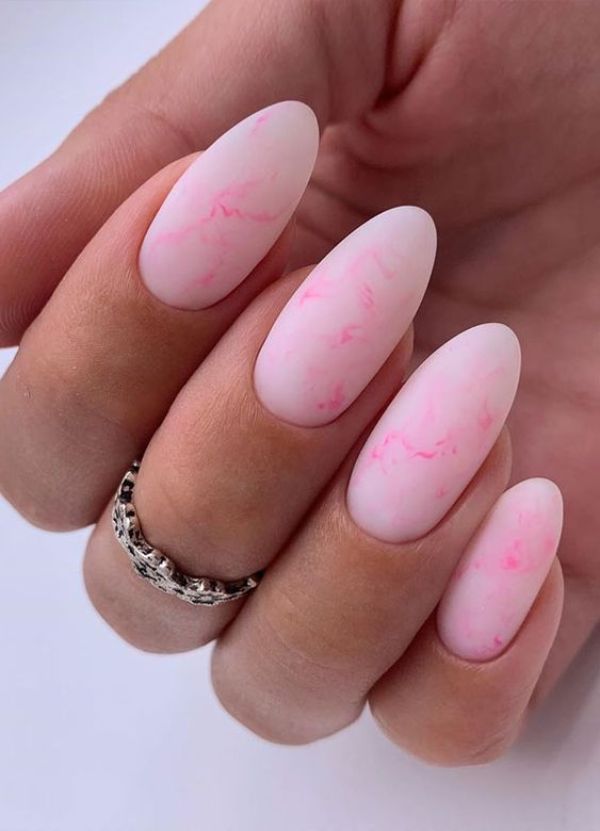 pink nails marble design matte