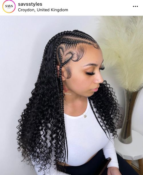 half up half down hairstyle with curls braids and a heart design