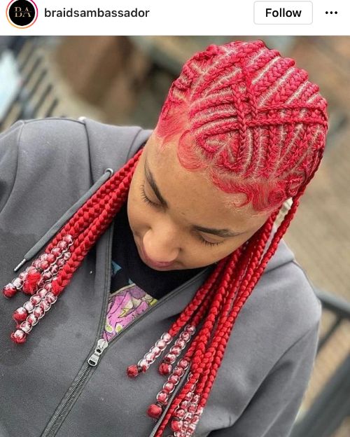 red cornrows and box braids with hearts