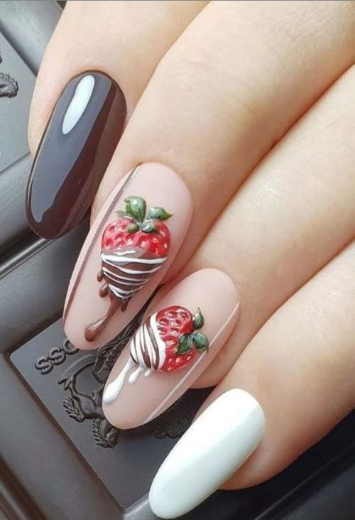 chocolate brown nail art with strawberries