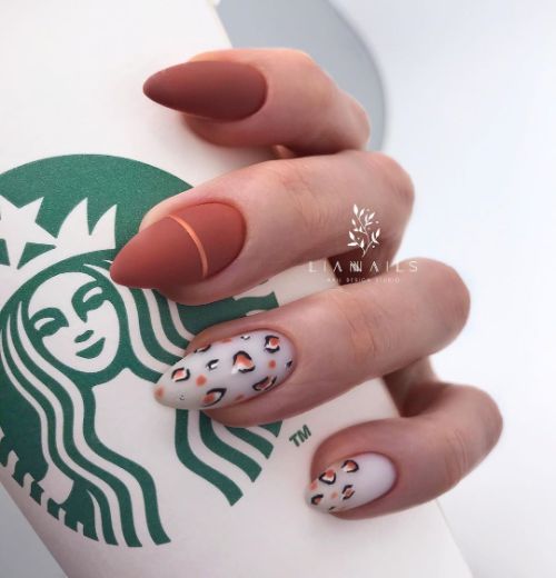 red brown nail design with leopard print