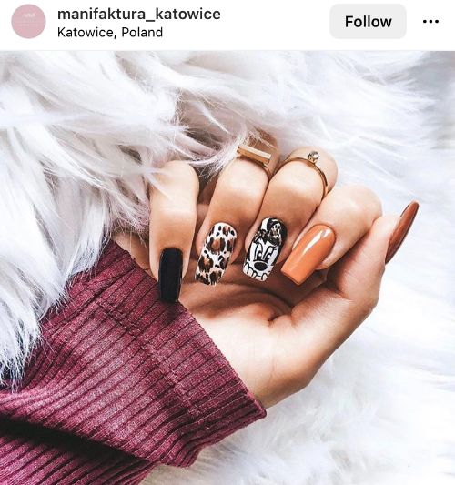 brown nails with leo print and Minnie Mouse
