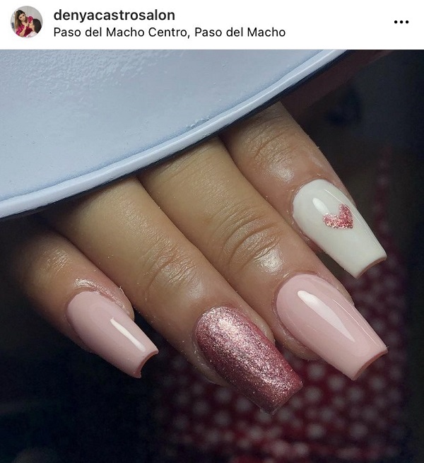 pink nails with glitter heart