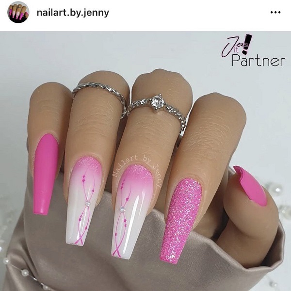pink nail design long coffin nails