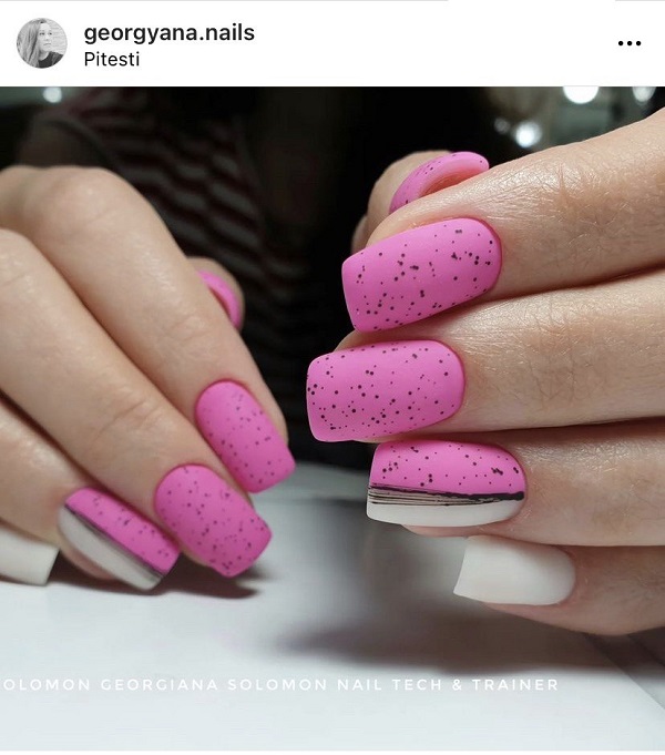 pink nail art matte and white with black dots