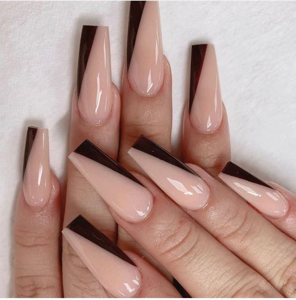 long beige and dark brown coffin nails