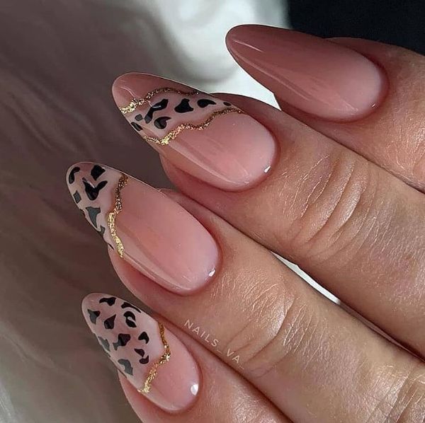 almond brown beige nails with leo print and gold lines