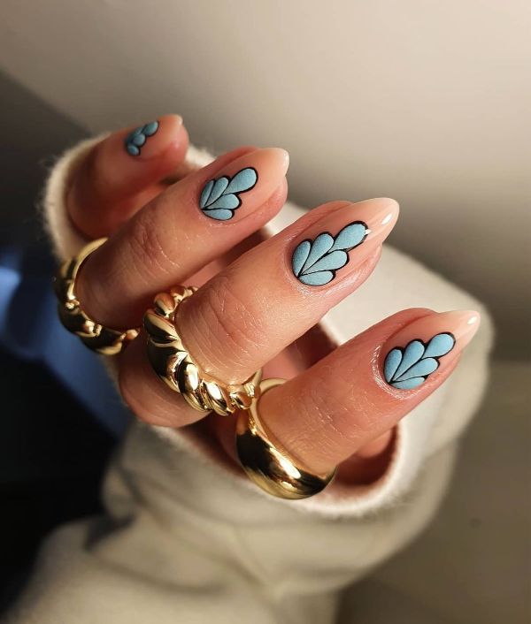 Beige Nails with Turquoise Blue Design