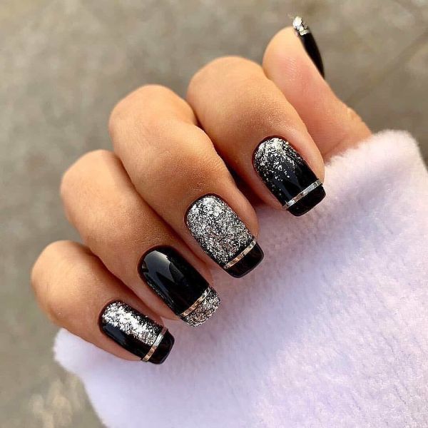 silver glitter and black nail design art