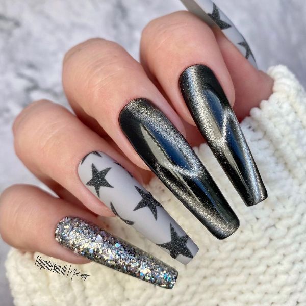 very long squoval gray nails