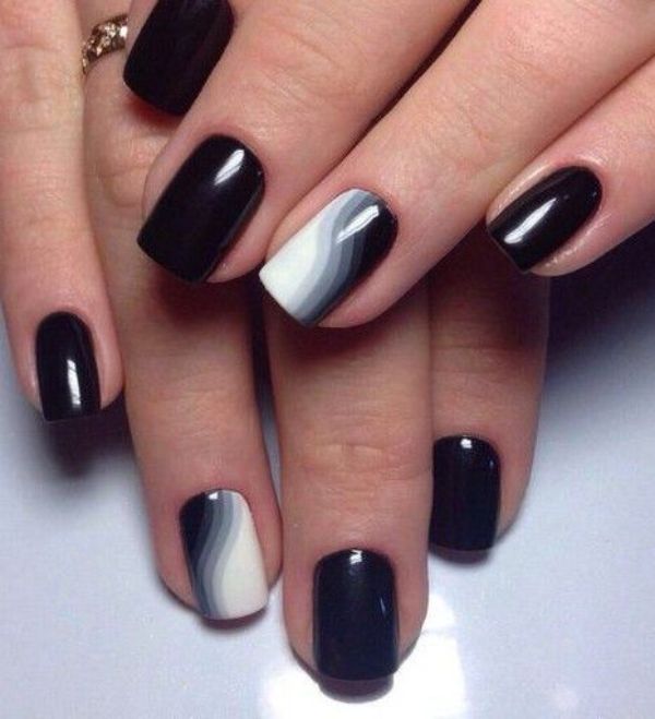 black nail art design with white and gray colors
