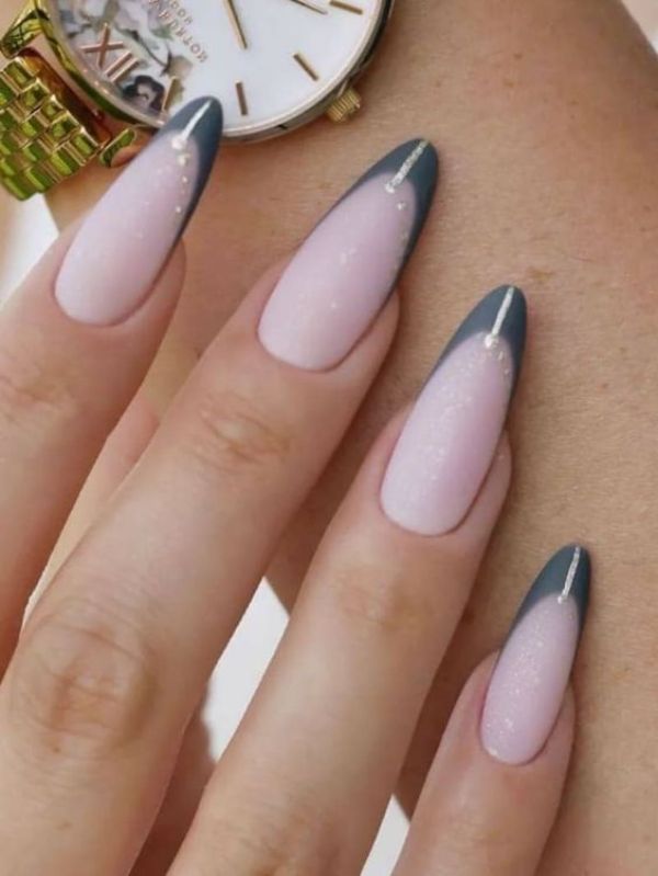 Long Almond Gray Nails with French Tips