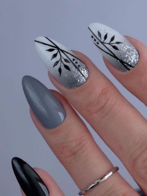 cute gray nails with black and white colors