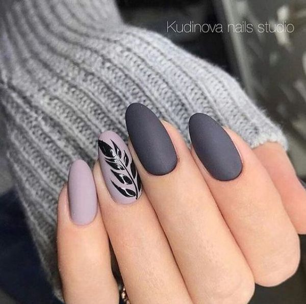light and dark gray nails with black leaves