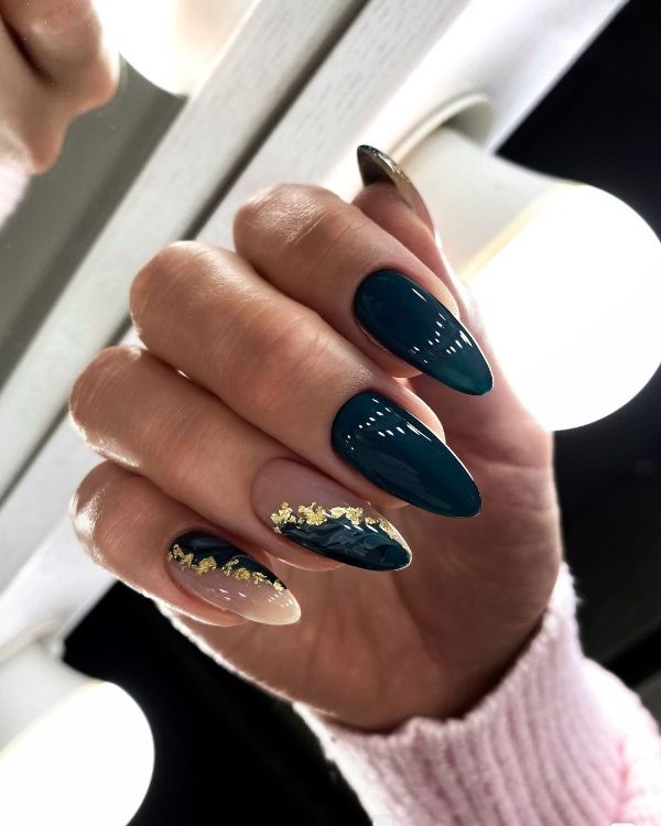 Blue Black Nail Art with Gold Geode Design