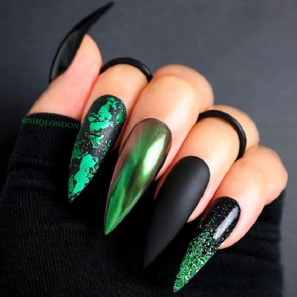 green and black design for stiletto nails