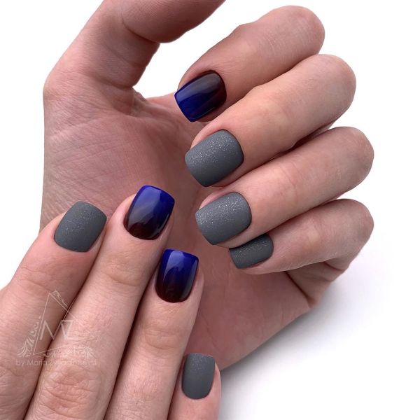 short matte gray nails with blue ombre