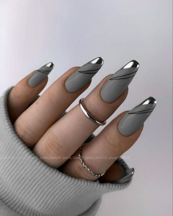 gray nails metallic French manicure