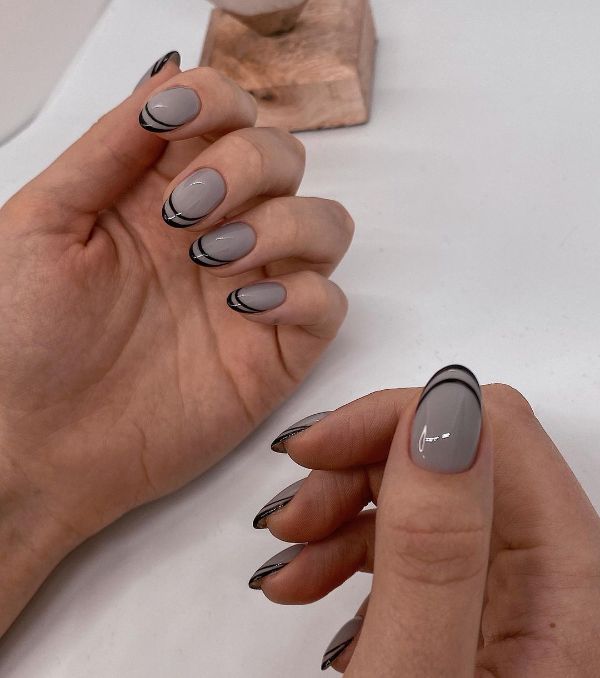 gray nails with black French tips